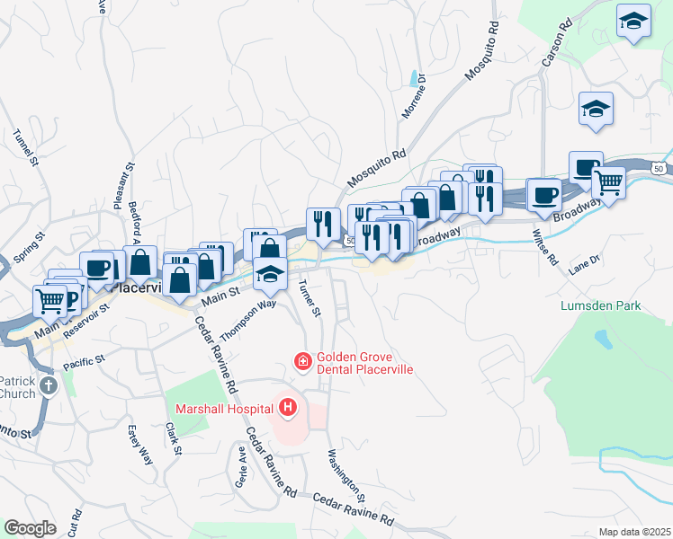 map of restaurants, bars, coffee shops, grocery stores, and more near 3081 Hazzard Street in Placerville