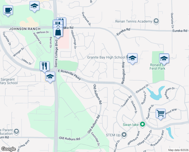 map of restaurants, bars, coffee shops, grocery stores, and more near 910 Fielding Court in Roseville