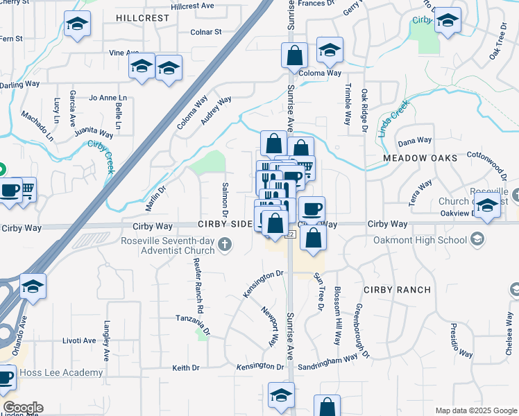 map of restaurants, bars, coffee shops, grocery stores, and more near 970 Sunrise Avenue in Roseville