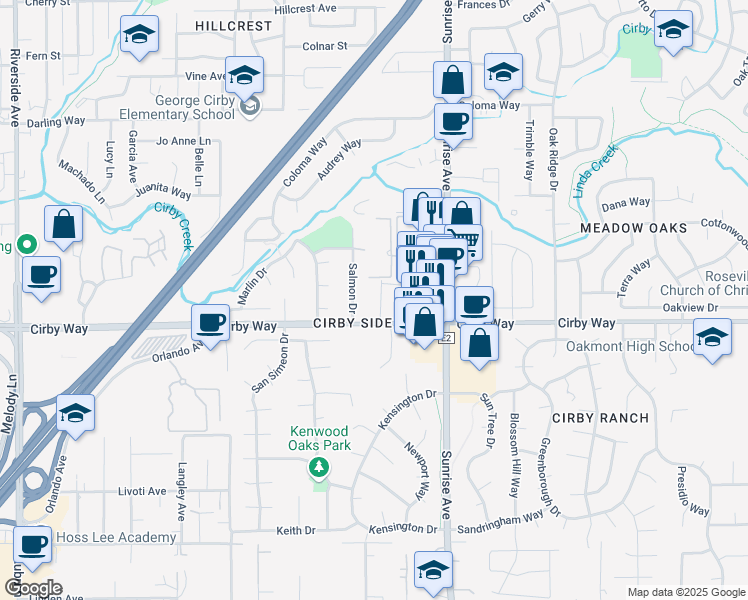 map of restaurants, bars, coffee shops, grocery stores, and more near 1139 Cirby Way in Roseville