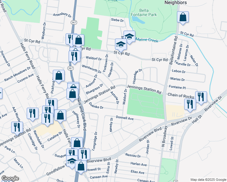 map of restaurants, bars, coffee shops, grocery stores, and more near 1201 Edgewater Drive in St. Louis