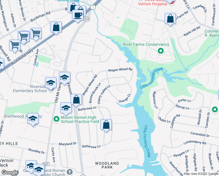map of restaurants, bars, coffee shops, grocery stores, and more near 8321 Cherry Valley Lane in Alexandria