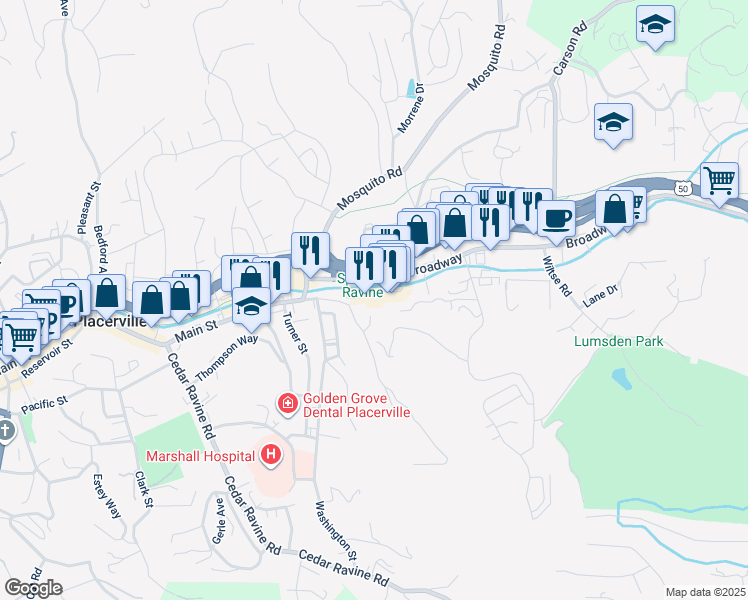 map of restaurants, bars, coffee shops, grocery stores, and more near 1220 Broadway in Placerville