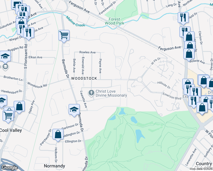 map of restaurants, bars, coffee shops, grocery stores, and more near 7446 Halpin Drive in Ferguson