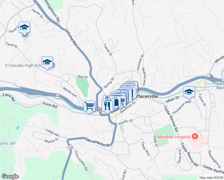 map of restaurants, bars, coffee shops, grocery stores, and more near 2930 Conrad Street in Placerville