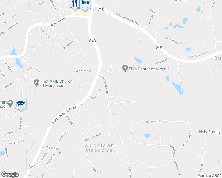 map of restaurants, bars, coffee shops, grocery stores, and more near 10311 Lake Jackson Drive in Manassas