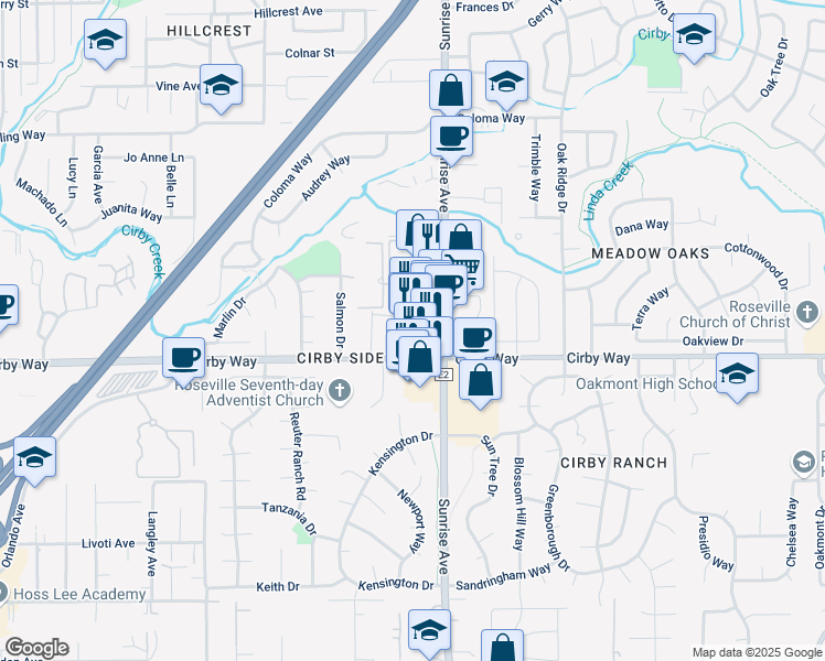 map of restaurants, bars, coffee shops, grocery stores, and more near 970 Sunrise Avenue in Roseville