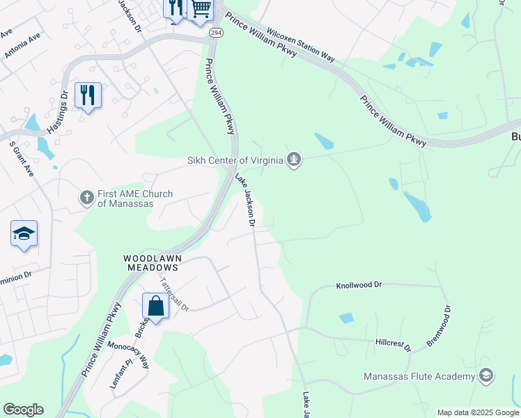 map of restaurants, bars, coffee shops, grocery stores, and more near 10311 Lake Jackson Drive in Manassas