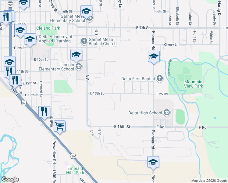 map of restaurants, bars, coffee shops, grocery stores, and more near 1178-1198 E 13th St in Delta