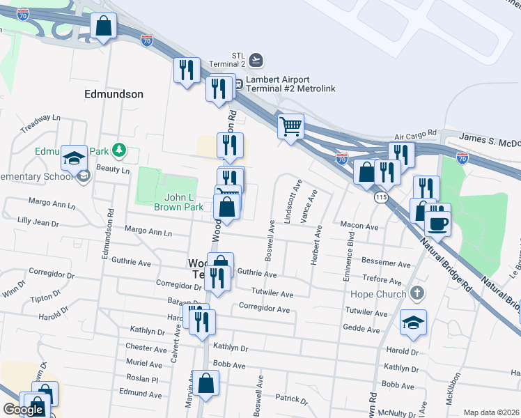 map of restaurants, bars, coffee shops, grocery stores, and more near 4401 Saint William Court in St. Louis
