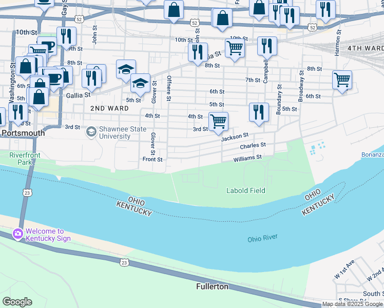 map of restaurants, bars, coffee shops, grocery stores, and more near 1072 Maryann Street in Portsmouth