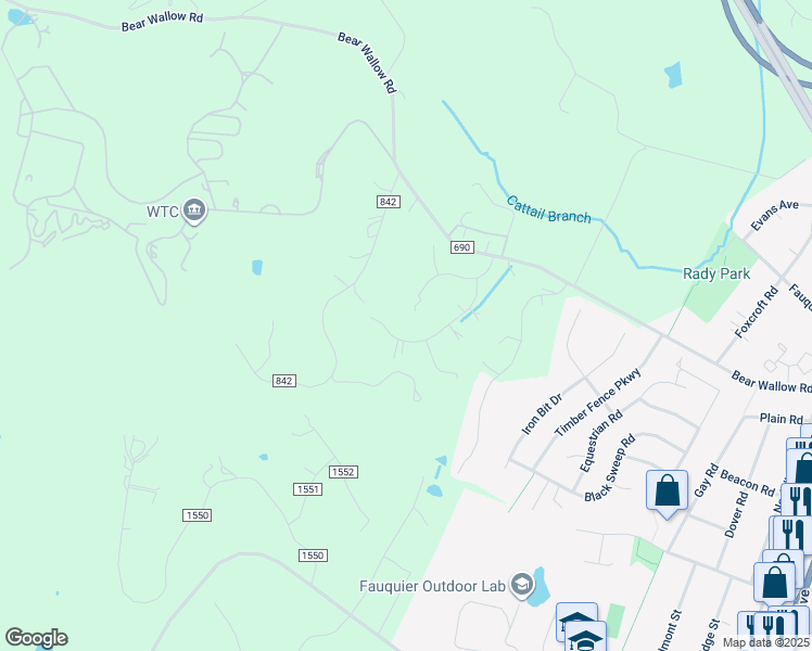 map of restaurants, bars, coffee shops, grocery stores, and more near 7402 Huntsmans Drive in Warrenton