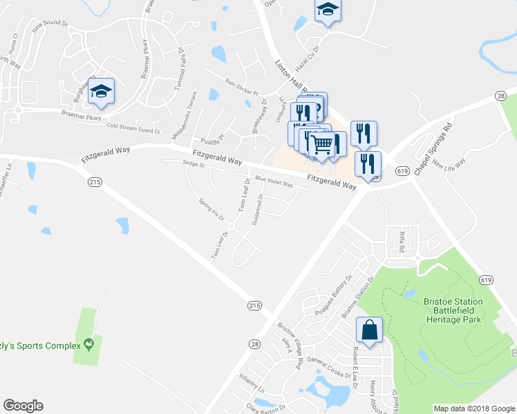 map of restaurants, bars, coffee shops, grocery stores, and more near Goldenrod Drive in Bristow