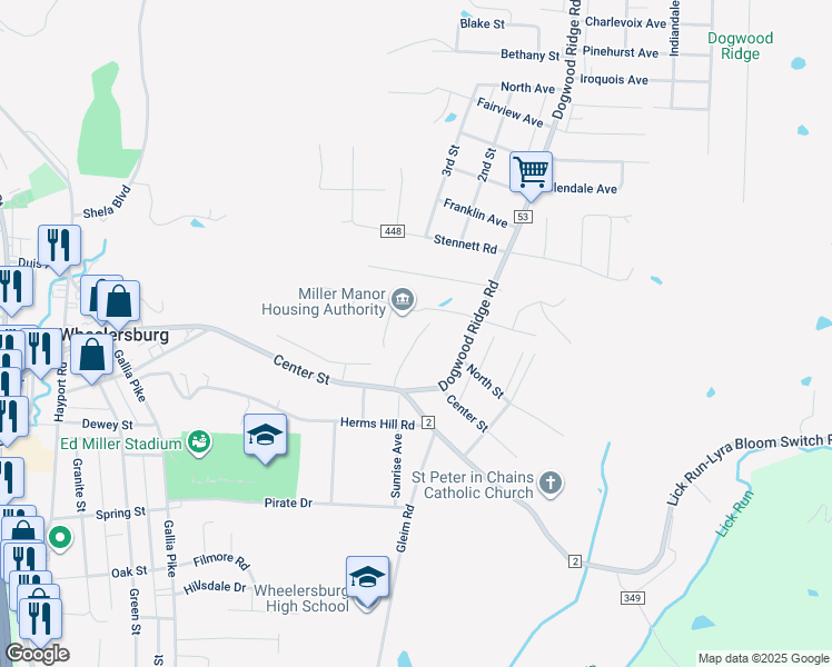 map of restaurants, bars, coffee shops, grocery stores, and more near 104 Sun Valley Court in Wheelersburg
