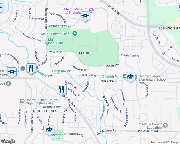 map of restaurants, bars, coffee shops, grocery stores, and more near 1121 Champion Oaks Drive in Roseville