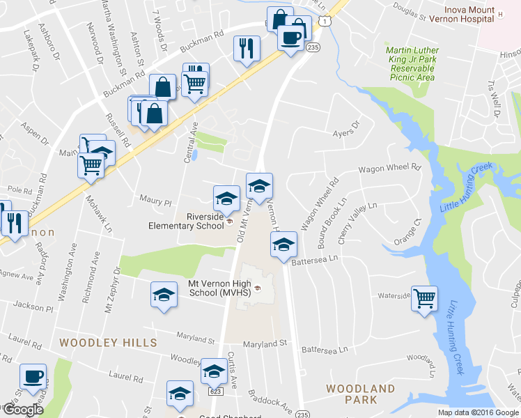 map of restaurants, bars, coffee shops, grocery stores, and more near 8334 Mount Vernon Memorial Highway in Alexandria