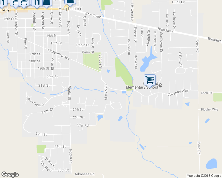 map of restaurants, bars, coffee shops, grocery stores, and more near Race Track Road in Highland