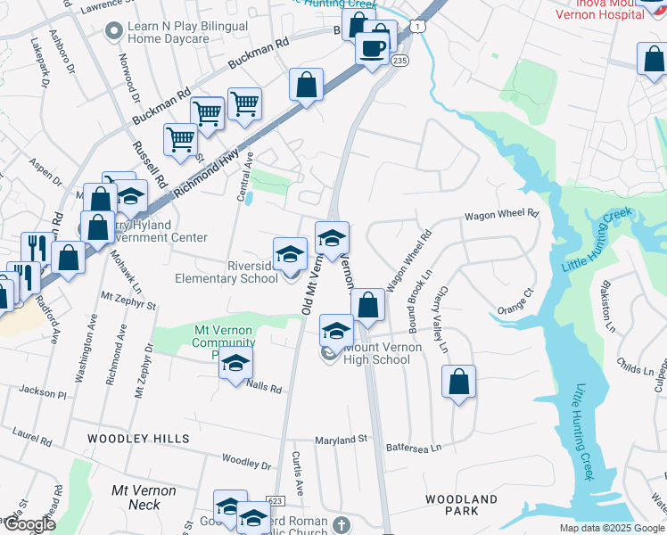 map of restaurants, bars, coffee shops, grocery stores, and more near 8334 Mount Vernon Memorial Highway in Alexandria