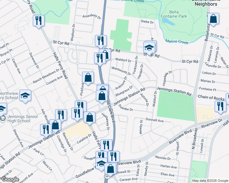 map of restaurants, bars, coffee shops, grocery stores, and more near 9308 Lewis and Clark Boulevard in St. Louis