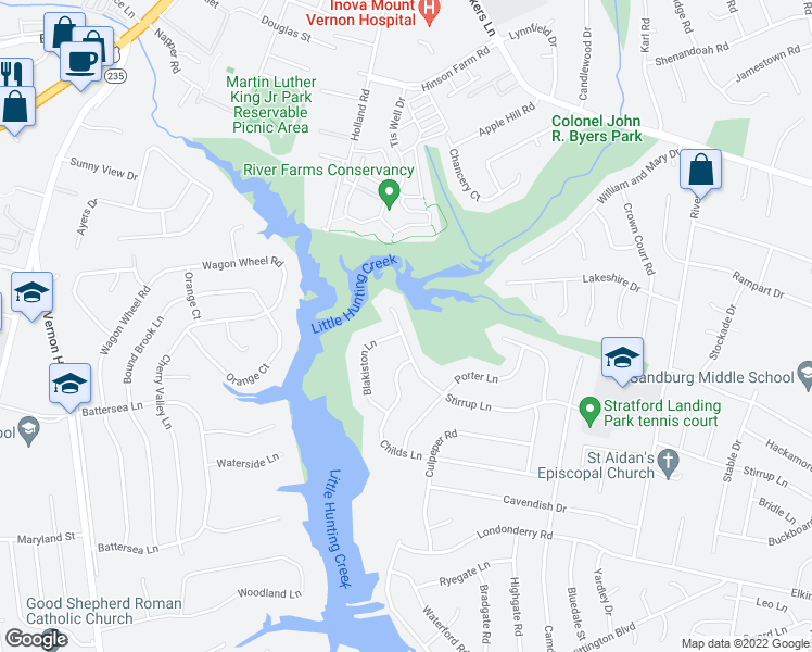 map of restaurants, bars, coffee shops, grocery stores, and more near 2620 Stirrup Lane in Alexandria