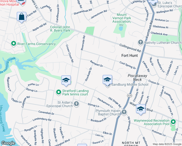 map of restaurants, bars, coffee shops, grocery stores, and more near 8333 Stockade Drive in Alexandria