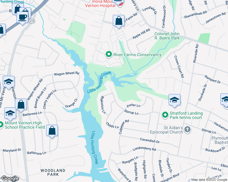 map of restaurants, bars, coffee shops, grocery stores, and more near 2620 Stirrup Lane in Alexandria