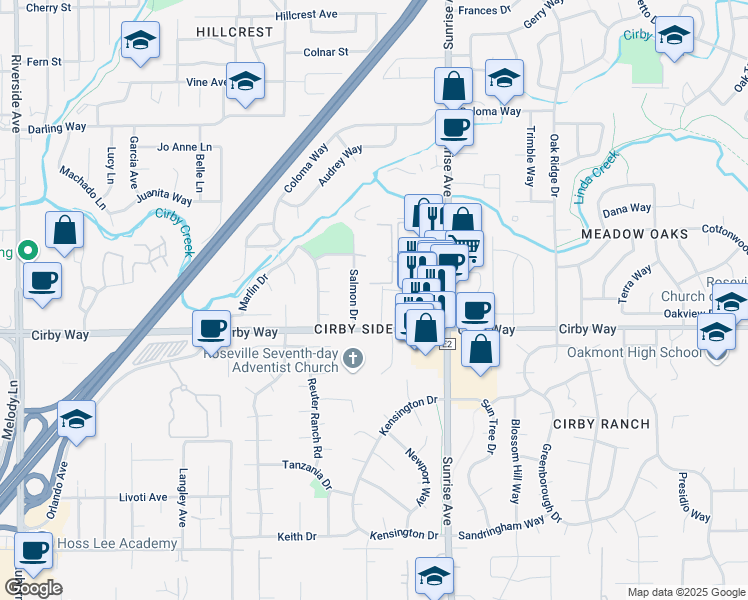 map of restaurants, bars, coffee shops, grocery stores, and more near 1139 Cirby Way in Roseville