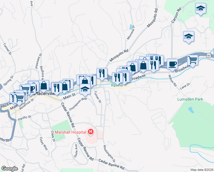 map of restaurants, bars, coffee shops, grocery stores, and more near 3081 Hazzard Street in Placerville