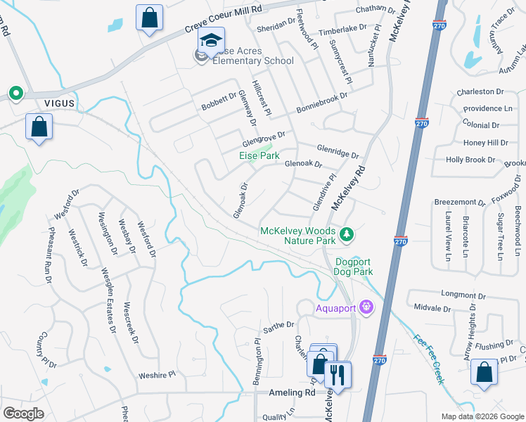 map of restaurants, bars, coffee shops, grocery stores, and more near 12005 Glenpark Drive in Maryland Heights