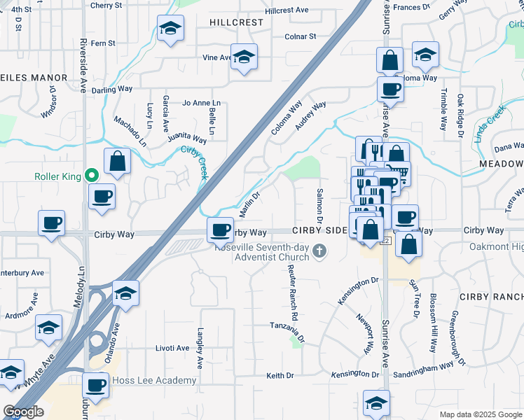 map of restaurants, bars, coffee shops, grocery stores, and more near 904 Deer Court in Roseville