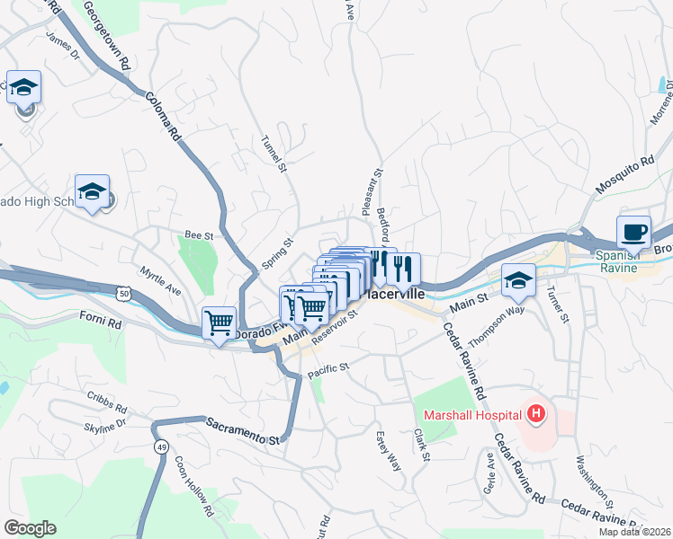 map of restaurants, bars, coffee shops, grocery stores, and more near 958 Garden Loop in Placerville
