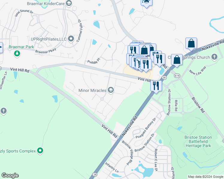 map of restaurants, bars, coffee shops, grocery stores, and more near 10424 Goldenrod Drive in Bristow