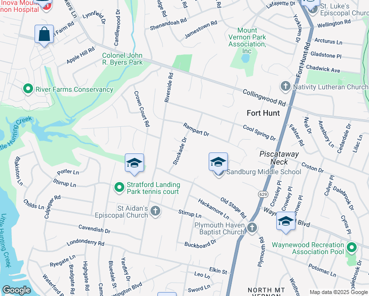map of restaurants, bars, coffee shops, grocery stores, and more near 8333 Stockade Drive in Alexandria