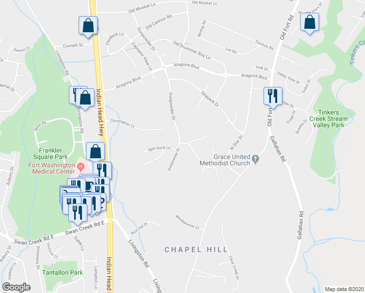 map of restaurants, bars, coffee shops, grocery stores, and more near 11626 North Star Drive in Fort Washington