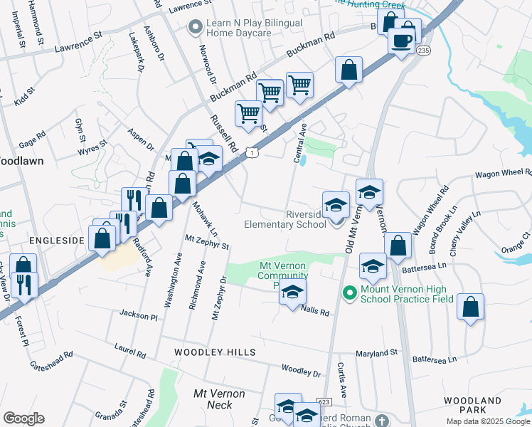 map of restaurants, bars, coffee shops, grocery stores, and more near 3806 Margay Court in Alexandria
