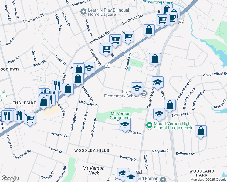 map of restaurants, bars, coffee shops, grocery stores, and more near 3806 Margay Court in Alexandria