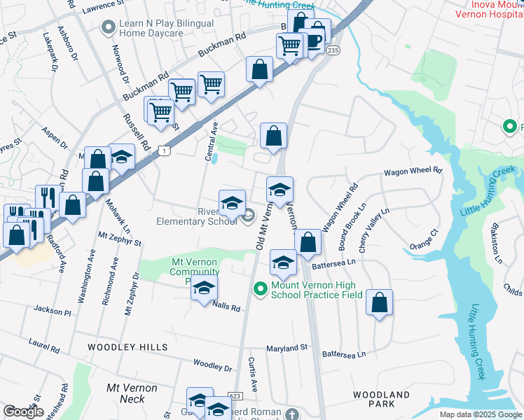 map of restaurants, bars, coffee shops, grocery stores, and more near 3601 Old Vernon Court in Alexandria