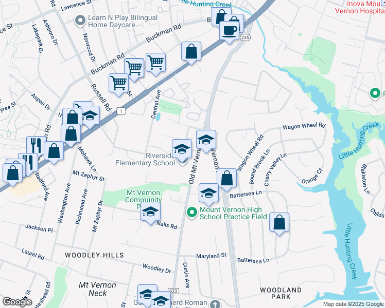 map of restaurants, bars, coffee shops, grocery stores, and more near 3601 Old Vernon Court in Alexandria