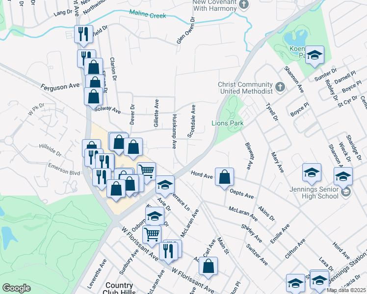 map of restaurants, bars, coffee shops, grocery stores, and more near 8820 Scottdale Avenue in Jennings