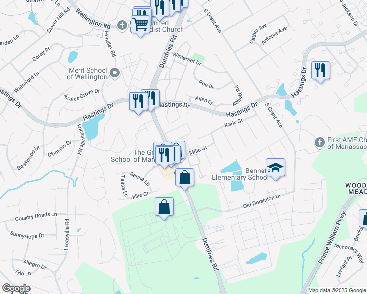 map of restaurants, bars, coffee shops, grocery stores, and more near 9330 Niki Place in Manassas