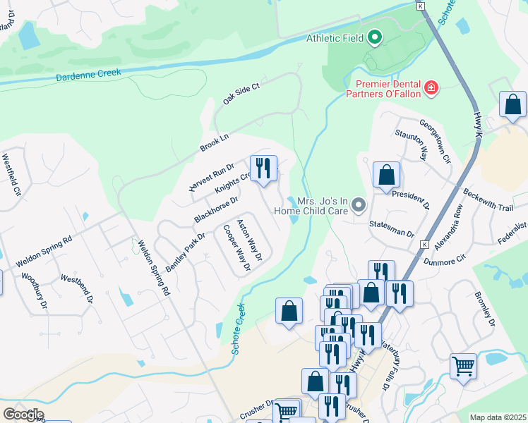 map of restaurants, bars, coffee shops, grocery stores, and more near 531 King's Manor Drive in O'Fallon