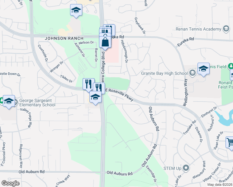 map of restaurants, bars, coffee shops, grocery stores, and more near 200 Crenshaw Court in Granite Bay