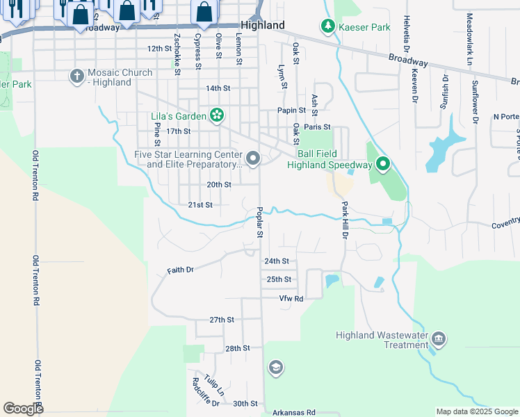 map of restaurants, bars, coffee shops, grocery stores, and more near 2 Willow Creek Drive in Highland