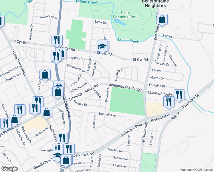 map of restaurants, bars, coffee shops, grocery stores, and more near 9259 Waldorf Drive in St. Louis