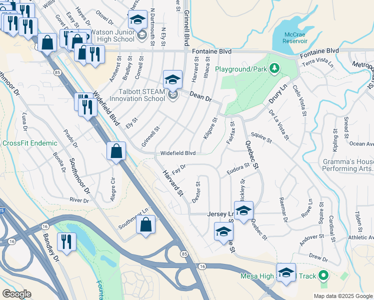 map of restaurants, bars, coffee shops, grocery stores, and more near 234 Fay Drive in Colorado Springs