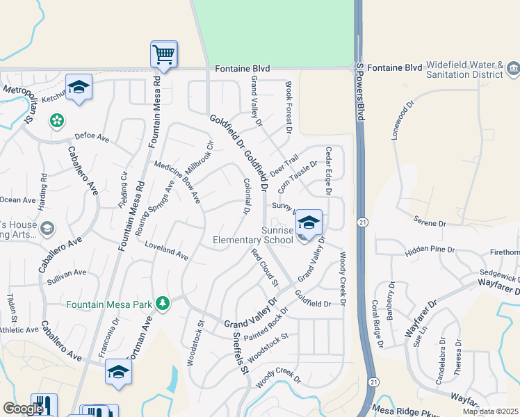 map of restaurants, bars, coffee shops, grocery stores, and more near 7416 Colonial Drive in Fountain