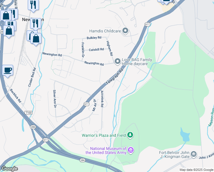 map of restaurants, bars, coffee shops, grocery stores, and more near 6677 Hanson Lane in Lorton