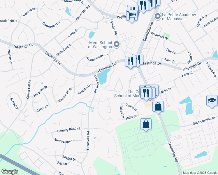 map of restaurants, bars, coffee shops, grocery stores, and more near 10263 Magnolia Grove Drive in Manassas