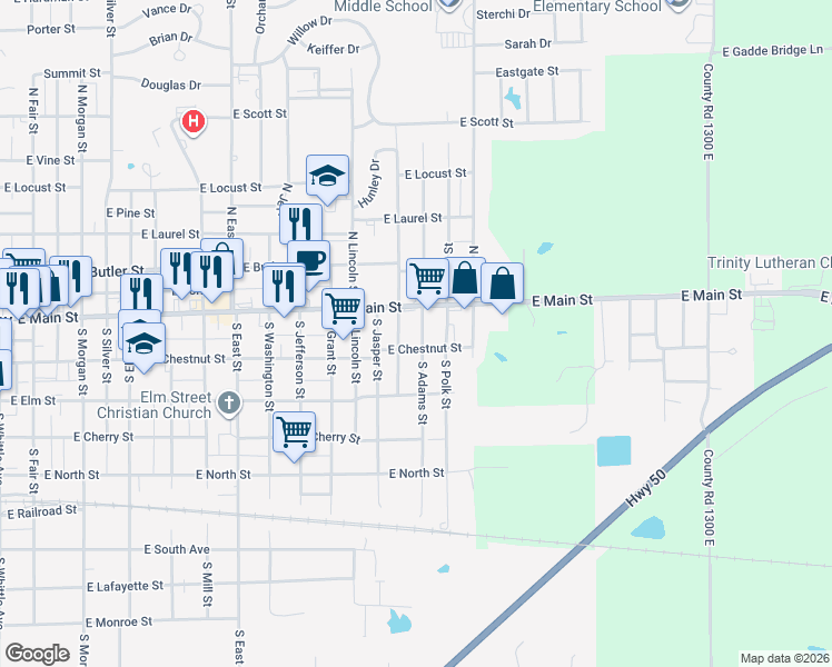 map of restaurants, bars, coffee shops, grocery stores, and more near 201-239 South Jackson Street in Olney