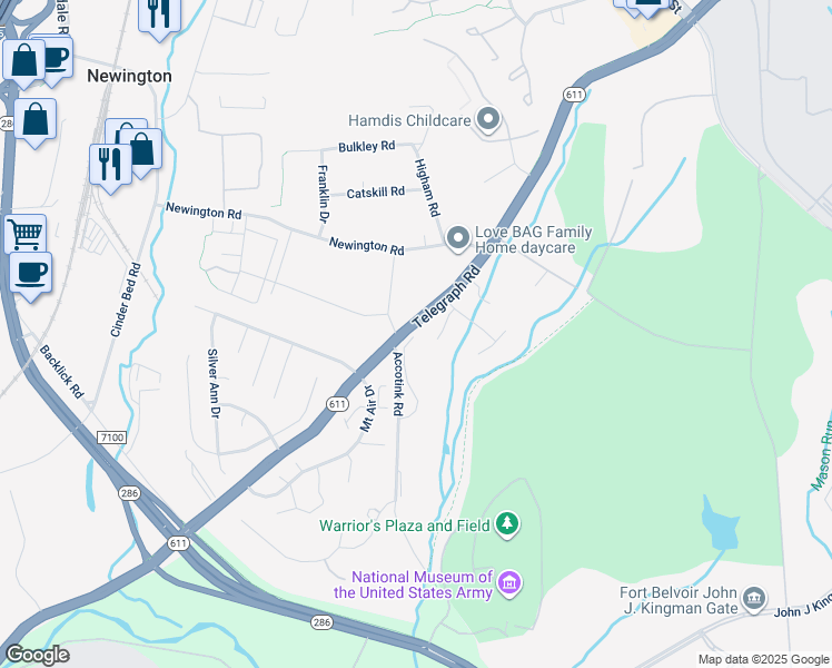 map of restaurants, bars, coffee shops, grocery stores, and more near 6677 Hanson Lane in Lorton